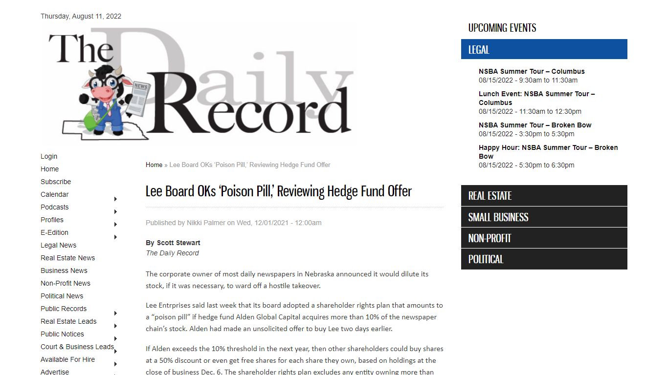 Lee Board OKs ‘Poison Pill,’ Reviewing Hedge Fund Offer ...